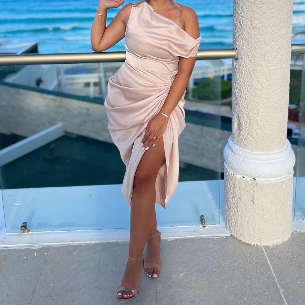 Bridesmaid dress - Pink Champagne Satin Off The Shoulder Draped Skirt Midi Dress